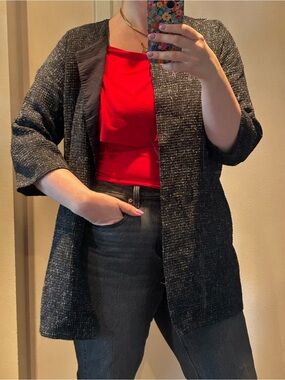 Eileen Fisher wool Black and Gray Textured Open-Front Jacket- size large